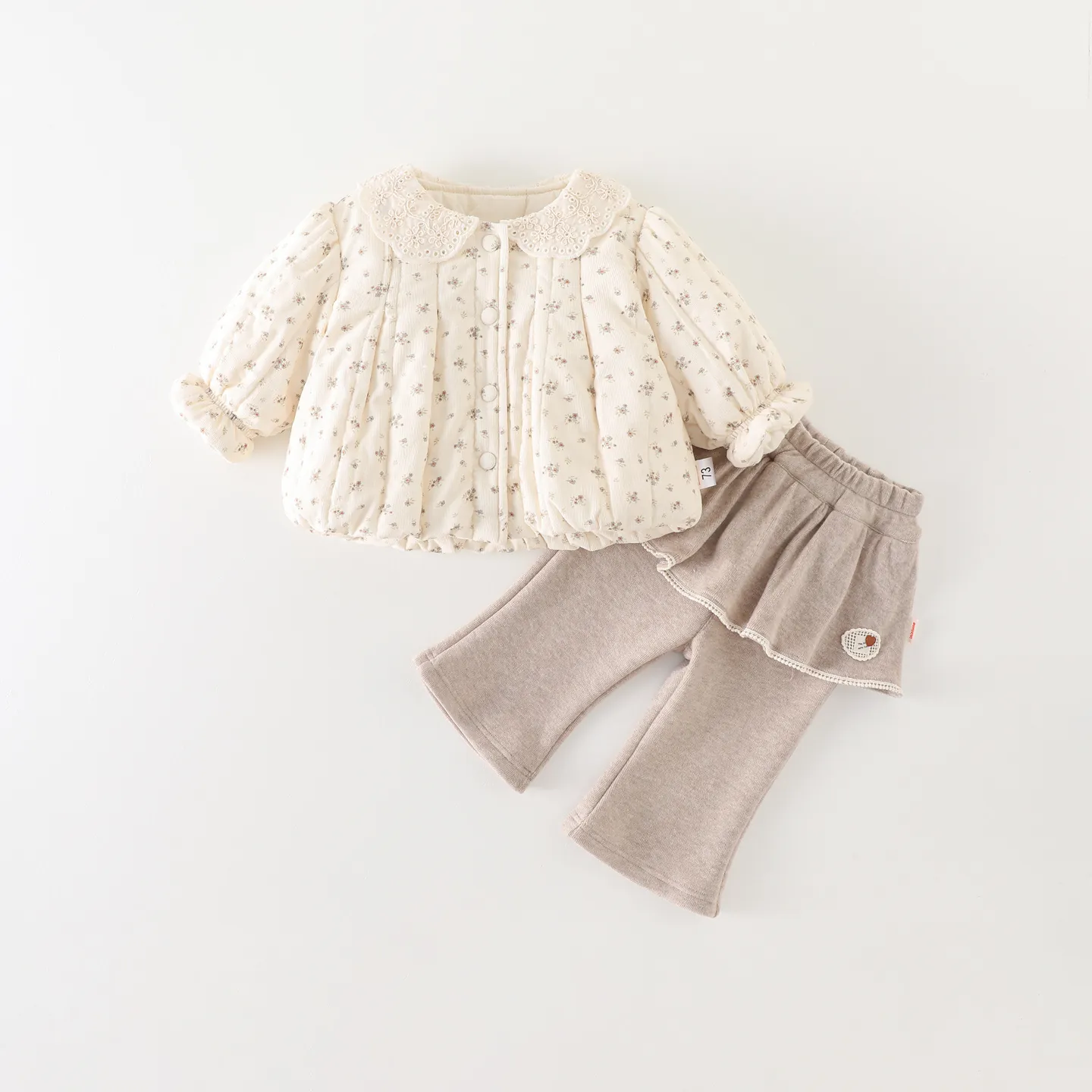 Toddler Girls Quilted Floral Jacket With Lace Collar Warm Winter Outwear And Ruffled Flare Pants Clothing Outfit For Kids