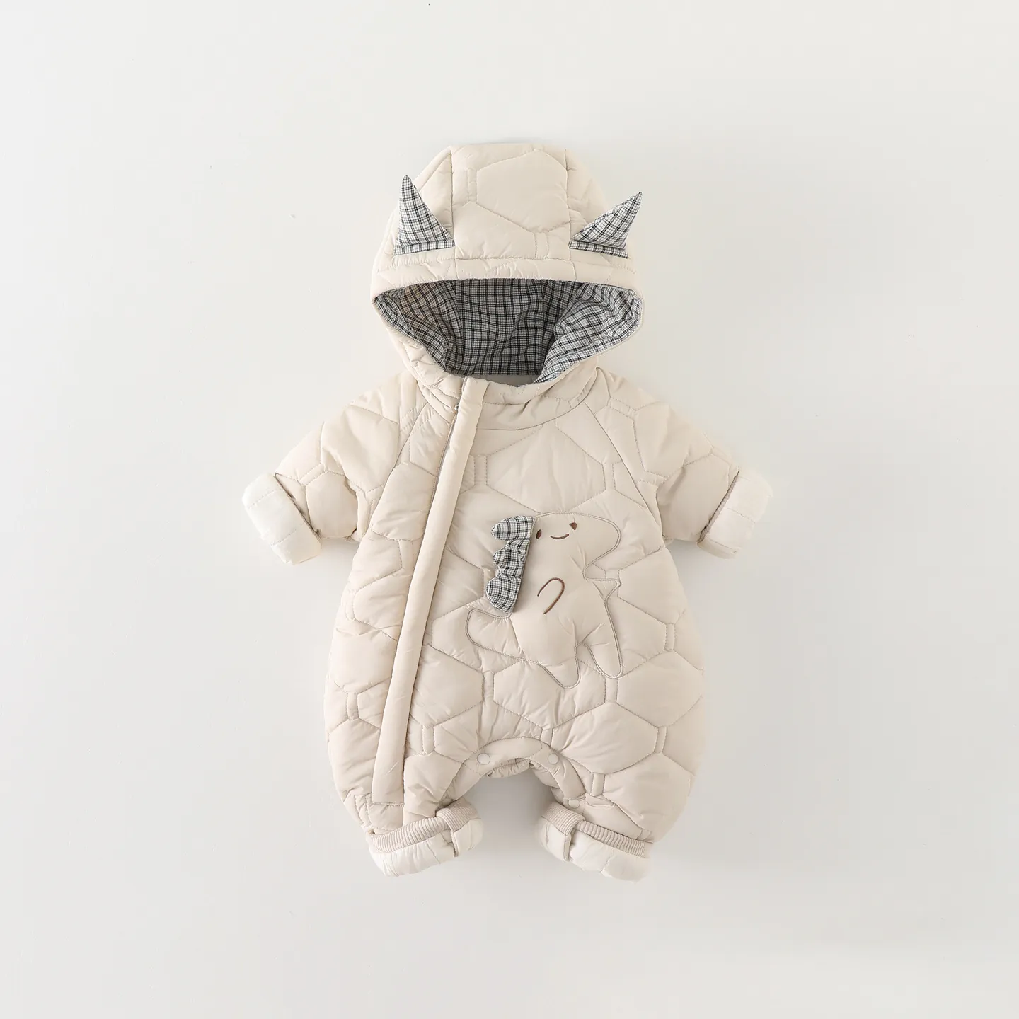 Barboteuse Bébé Garçon Dinosaure Dessin Animé À Capuche Matelassée Épaissie Chaude Combinaison Hiver Pour Nouveau-Né Beige