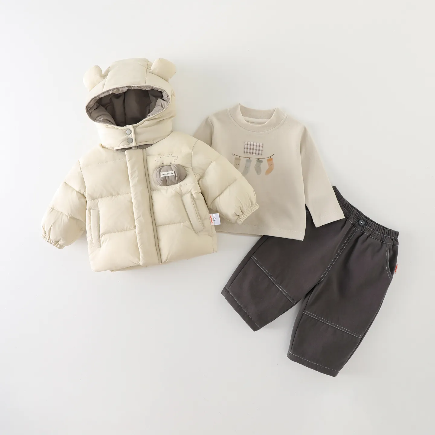 Ensemble de Vêtements d'Hiver 3 Pièces pour Garçons Manteau à Capuche Épaissi avec Oreilles d'Ours Chemise à Manches Longues et Pantalon