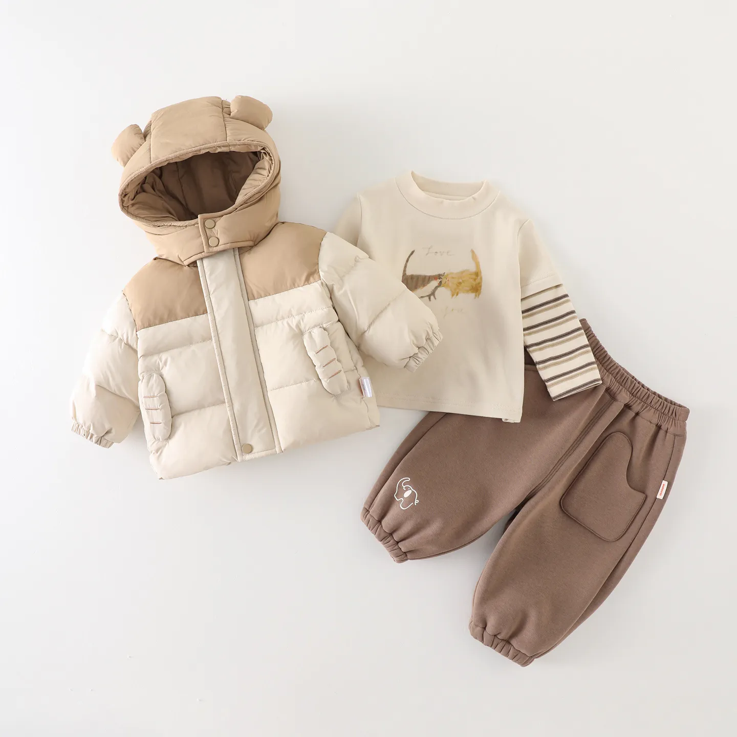 Nourrisson Tout-petit Garçon Hiver Polaire Rembourré Manteau à Capuche T-shirt à Manches Longues Et Pantalon Chaud Bloc de Couleur Oreilles d'Ours Vêtements d'extérieur