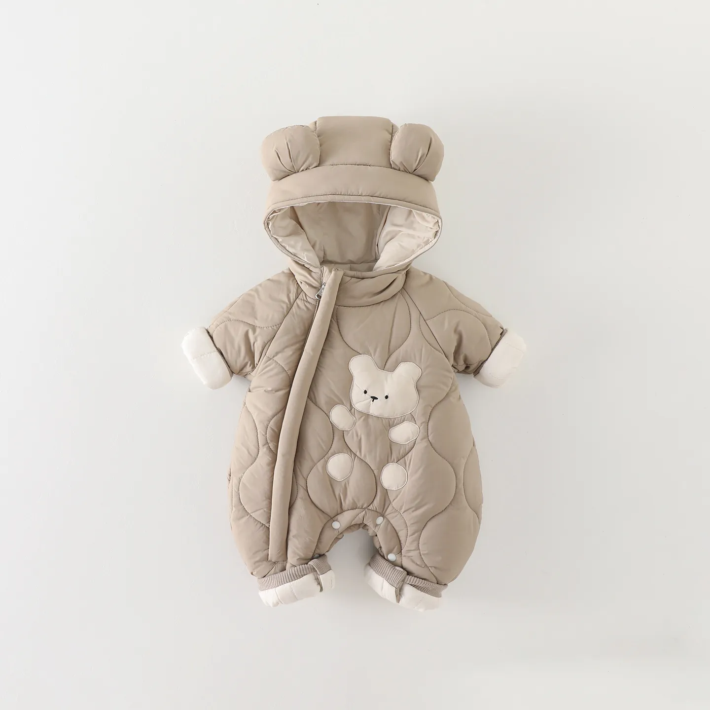 Cute Bear Ears Quilted Baby Romper Thickened Winter Jumpsuit For Newborn Warm Long Sleeve Polyester Hooded Bodysuit