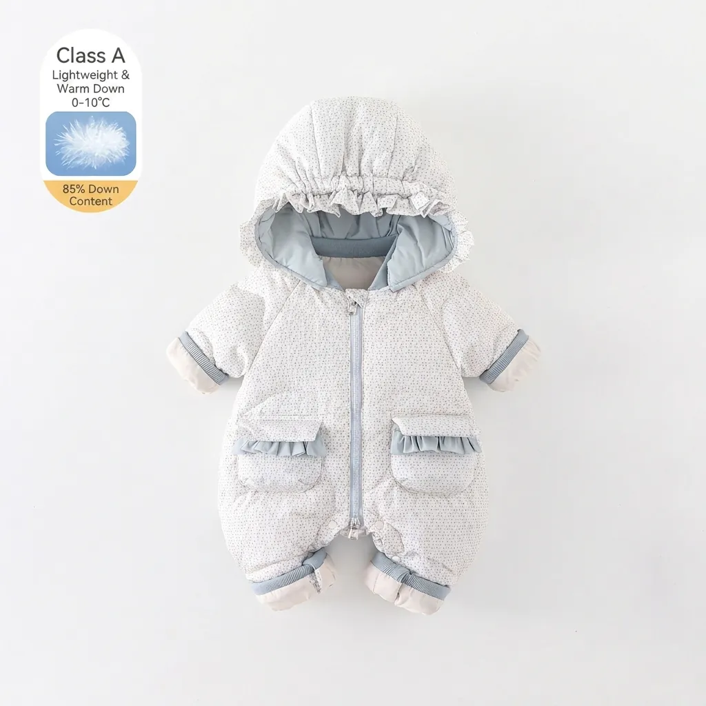 Cute Baby Girl White Duck Down Jumpsuit Floral Print Hooded Snowsuit Winter Thick Warm Infant Toddler Romper Ruffle Trim Soft Polyester