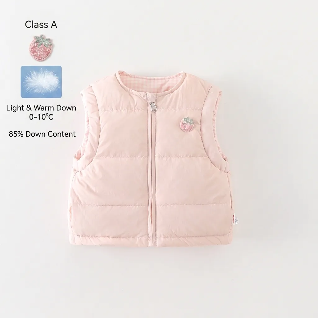 Gilet en Duvet Matelassé Rose Bébé Fille Veste Sans Manches Broderie Fraise Doublure Plaid Chaud Hiver