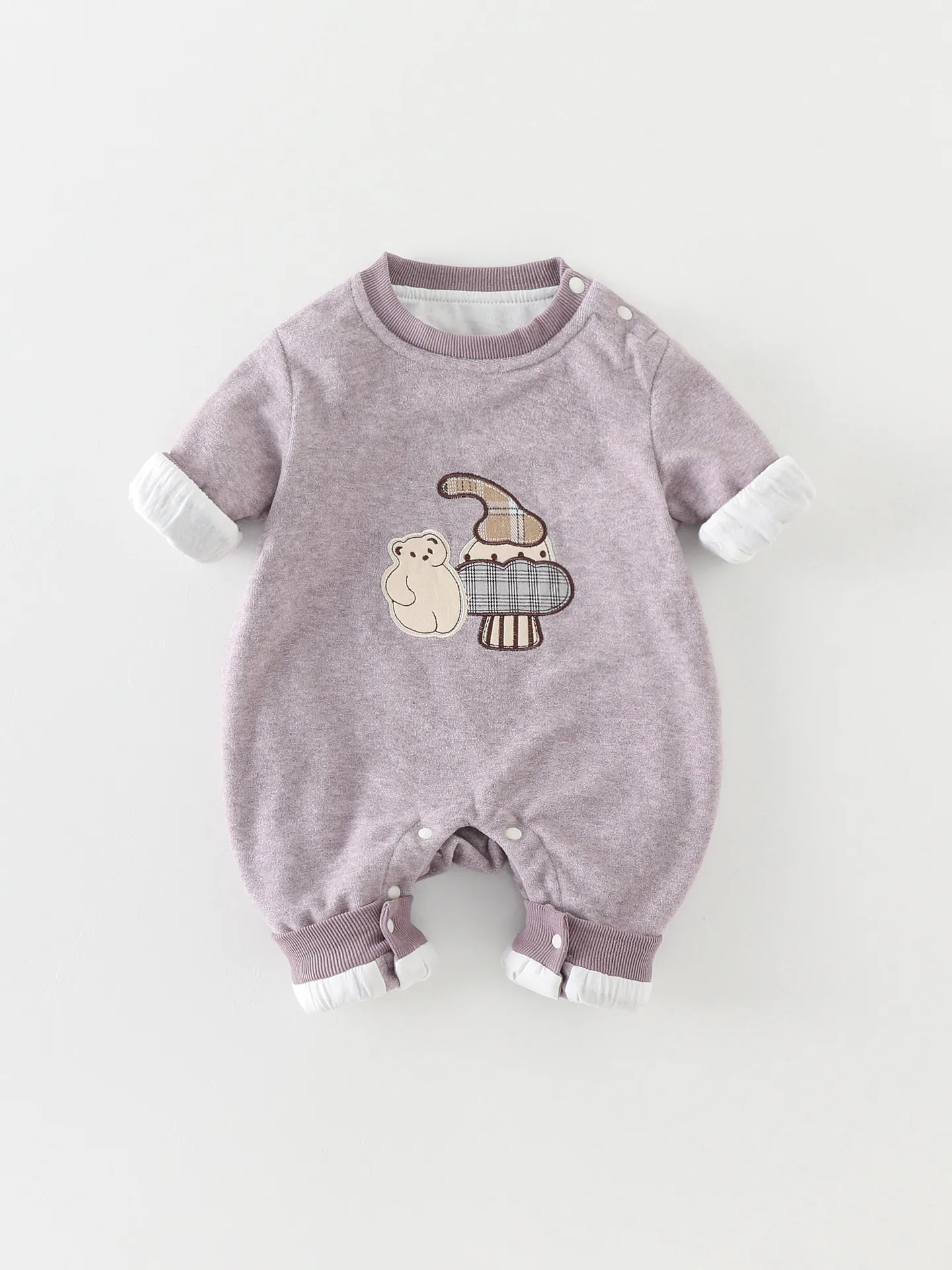 Baby Boys Long Sleeve Romper Cartoon Bear Mushroom Embroidery Polyester Infant Bodysuit Jumpsuit For Spring Autumn Outing
