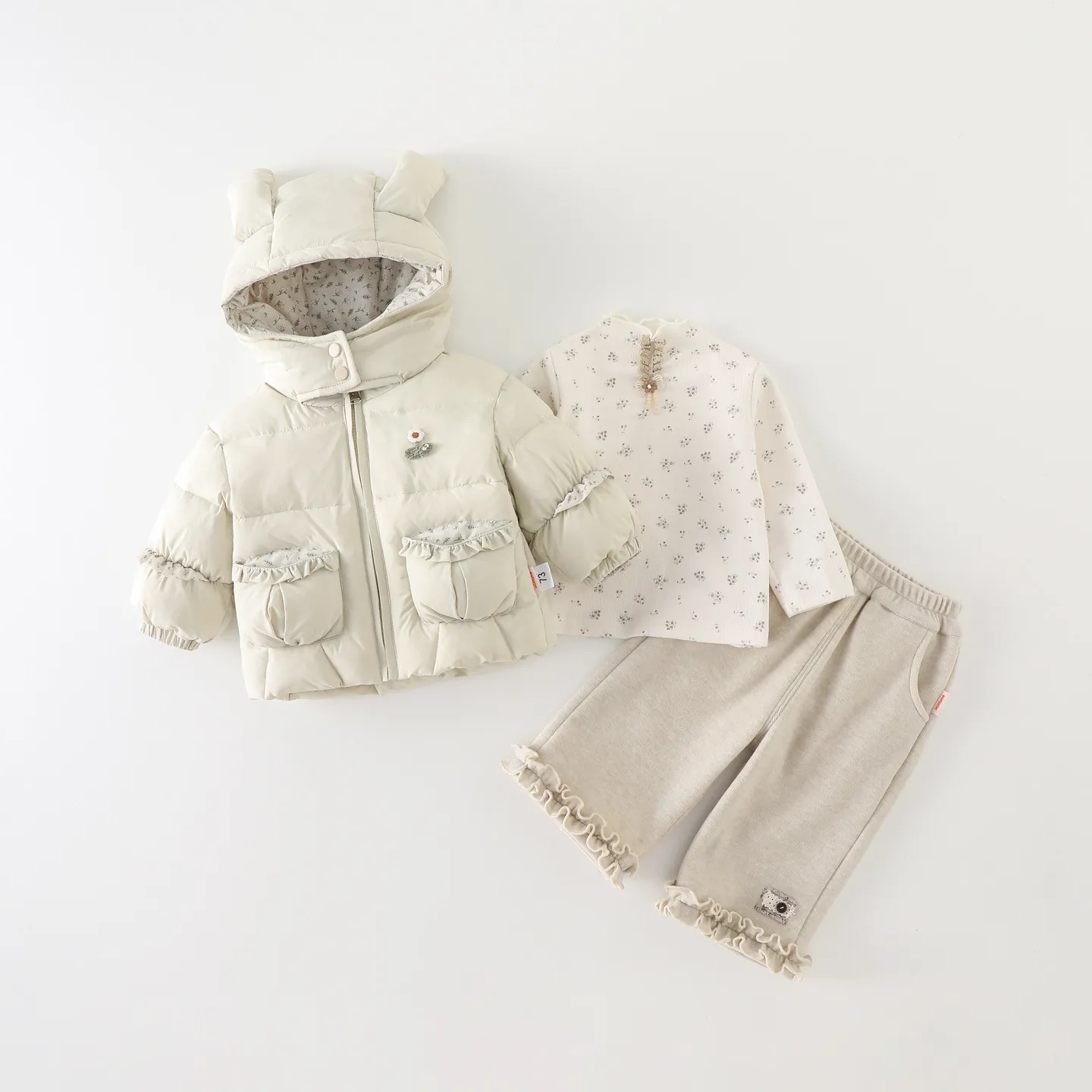 Toddler Girl Winter Thickened Warm Hooded Jacket Floral Long Sleeve Shirt Ruffle Pants Outing Clothing Outfit Casual Suit