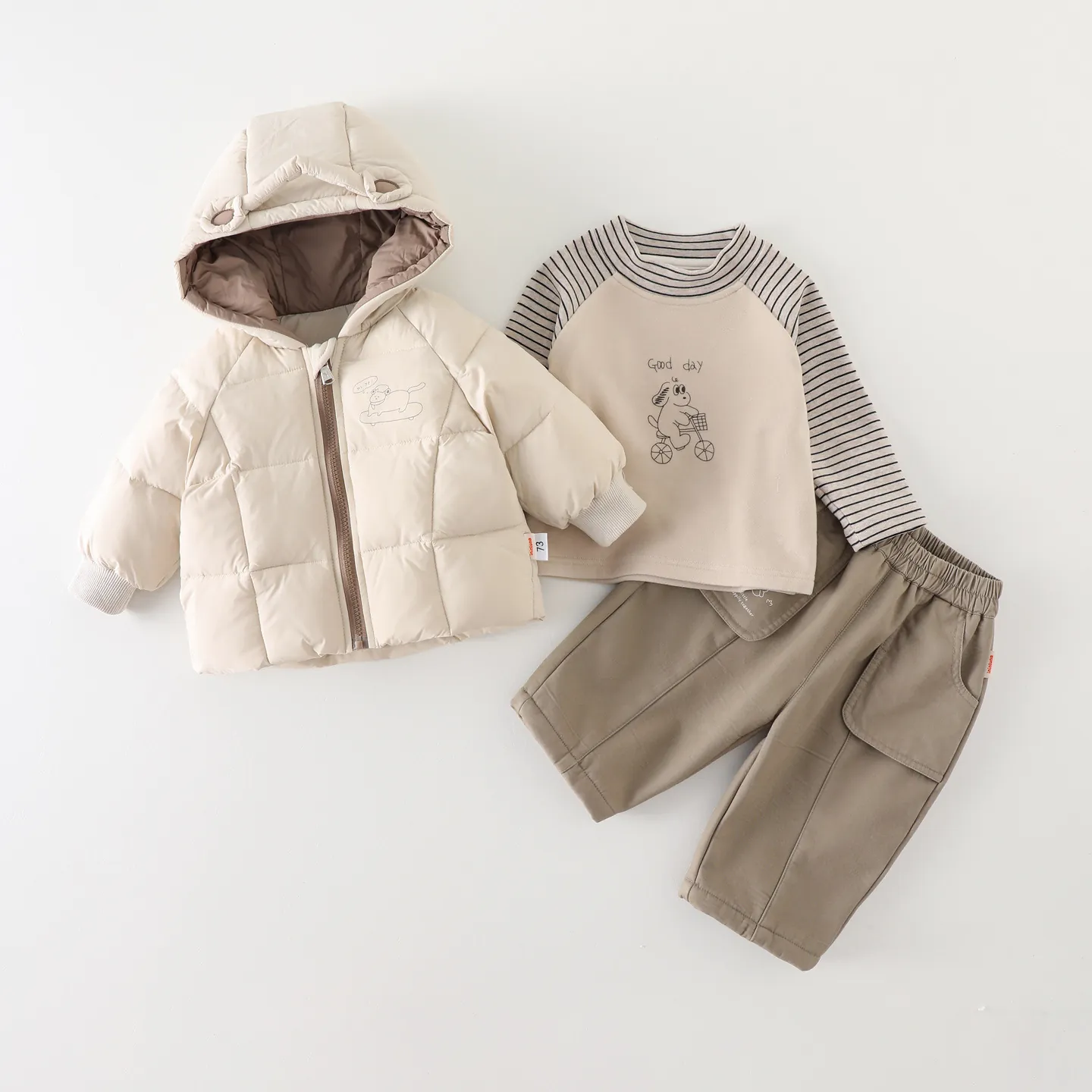 Toddler Baby Boy Winter Thickened Outfits Hooded Quilted Jacket Striped Long Sleeve Undershirt And Cargo Pants Cute Ear Warm