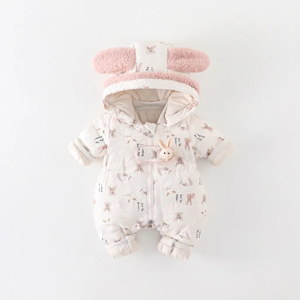 Winter Thickened White Duck Down Jumpsuit For Infant Girls Cute Rabbit Ear Hooded Outdoor Snowsuit Baby Romper Clothes