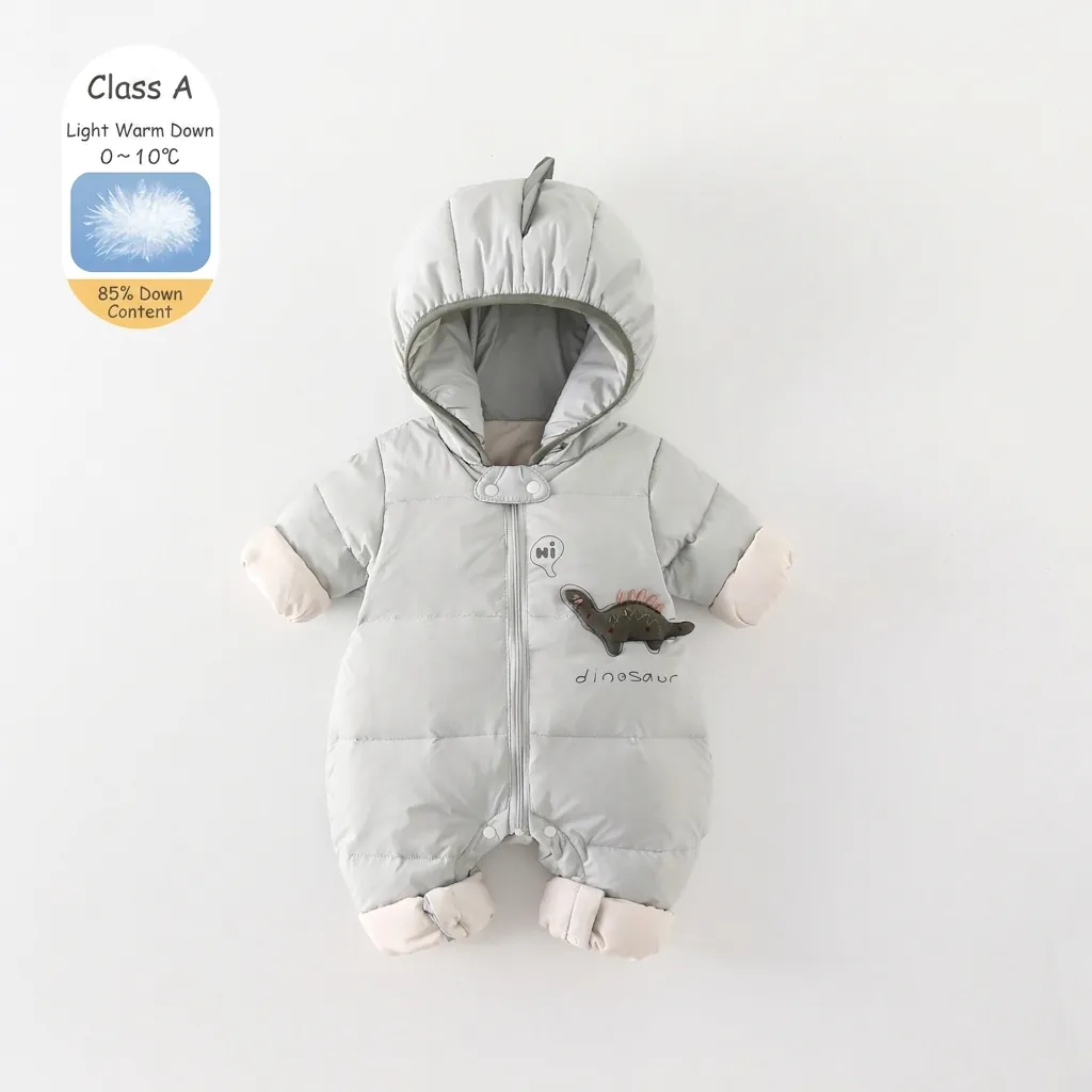 Infant Baby Boy Winter Thickened Down Romper Hooded Dinosaur Cartoon Pattern Quilted Jumpsuit Warm White Duck Down Snowsuit