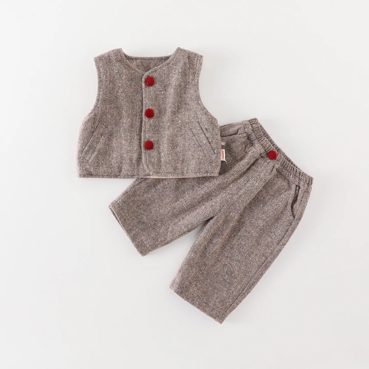 Toddler Boys Winter Padded Vest And Pants Outfit Herringbone Pattern Pom Pom Buttons Preppy Style Clothing