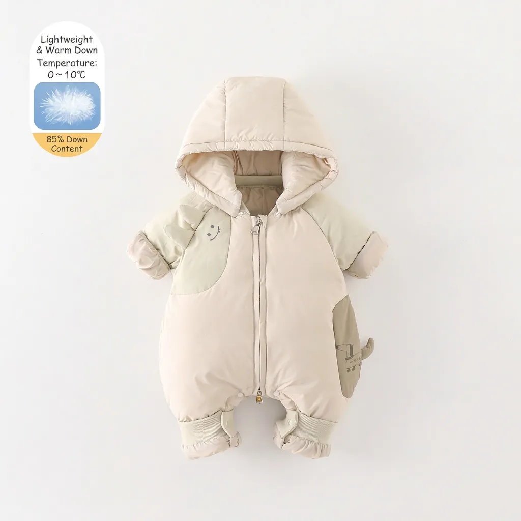 Infant Winter White Duck Down Romper Thickened Cartoon Hooded Jumpsuit For Baby Boys Beige Color Block Warm Outdoor Outfits