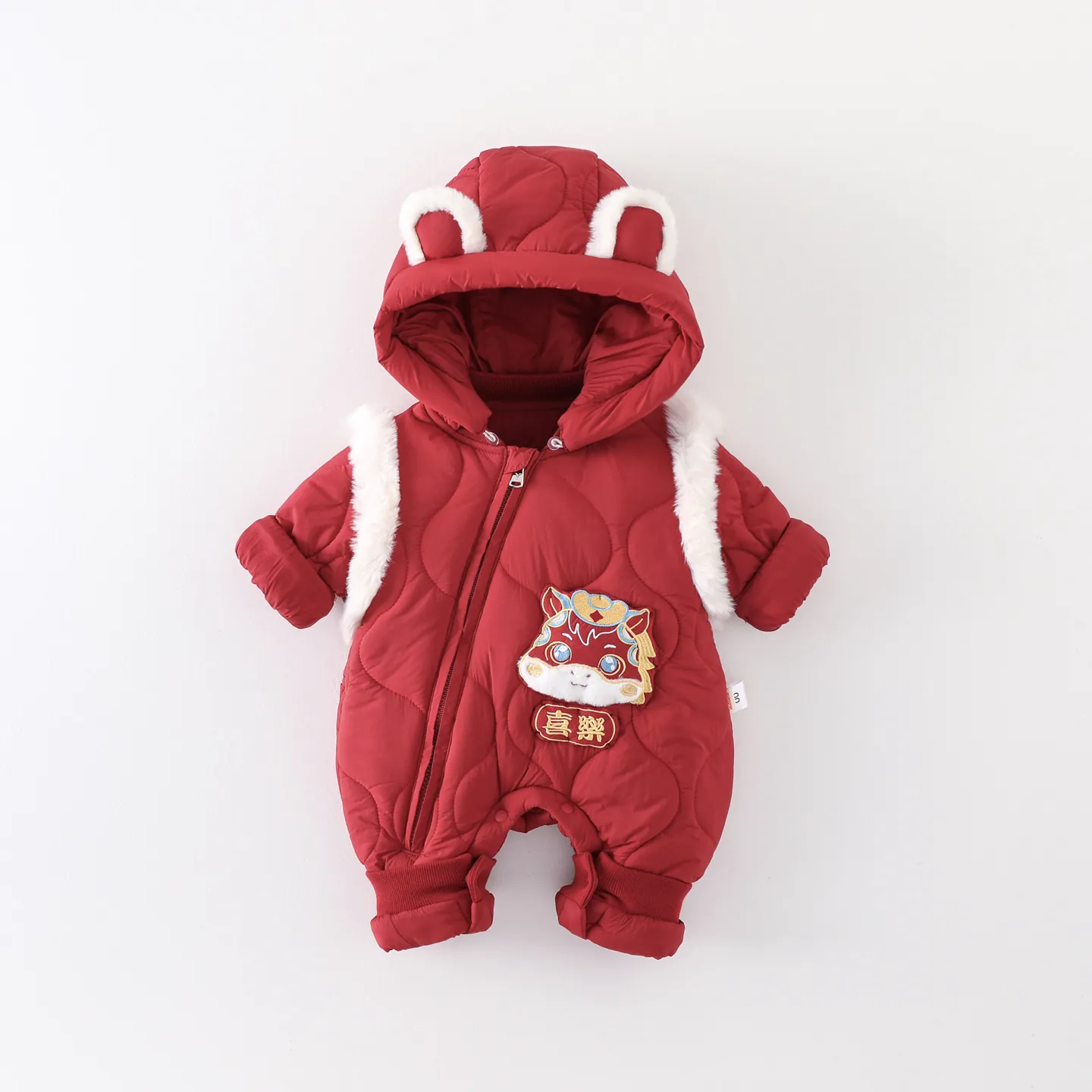 Festive Red Baby Boy Winter Hooded Quilted Romper Thickened Warm Newborn Jumpsuit With Faux Fur Lion Embroidery For New Year