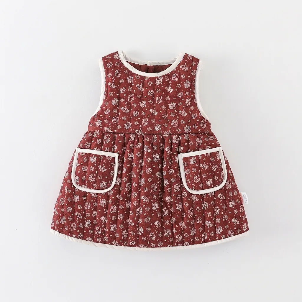 Baby Girls Quilted Floral Padded Dress Winter Warm Sleeveless Princess Dress For Infant Toddlers Autumn Winter Outfit