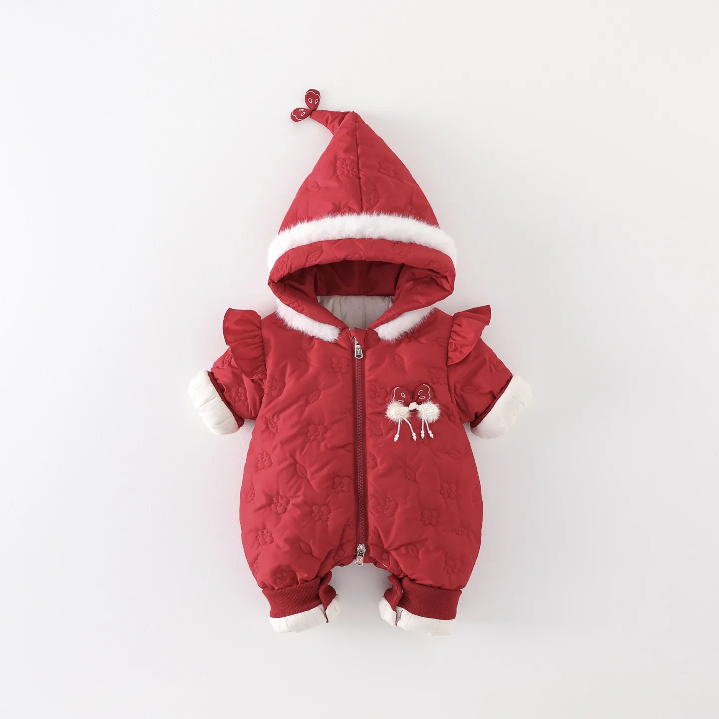 Baby Girl Winter Quilted Jumpsuit Polyester Thickened Warm Hooded Romper With Fur Trim Bowknot Red Festive Snowsuit