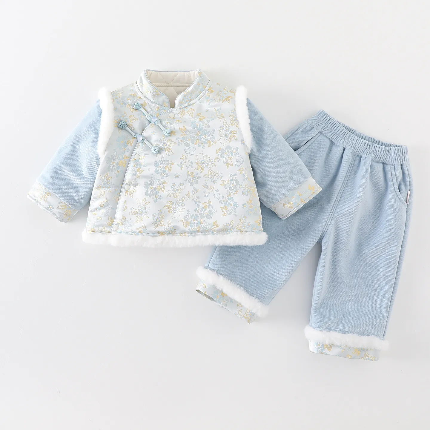 Completo Invernale Vintage Cinese per Neonata Top E Pantaloni Imbottiti Stampa Floreale Con Bordo in Pelliccia Sintetica