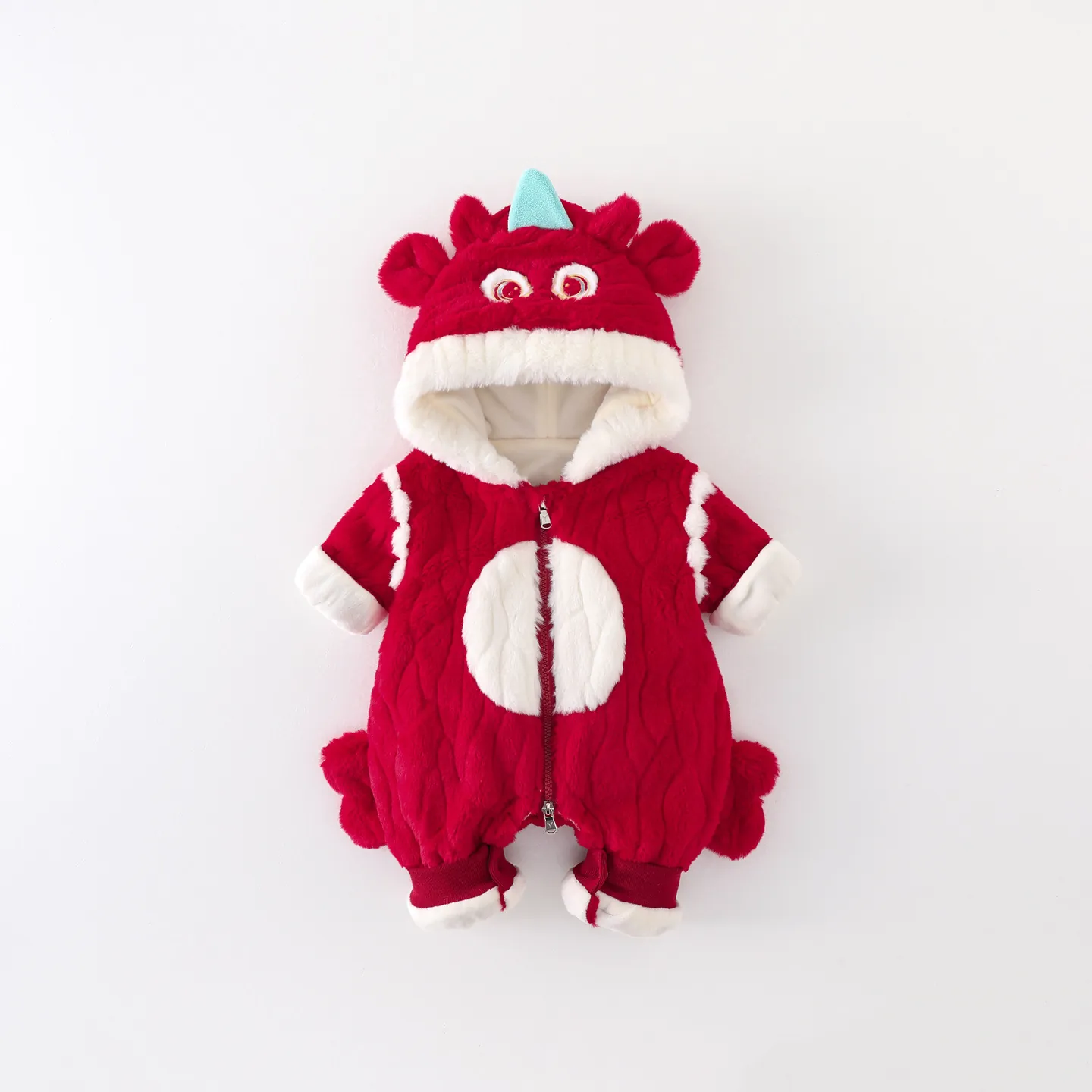 Baby Boys Cartoon Dragon Hooded Romper Thickened Fleece Winter Jumpsuit Red Polyester Warm Bodysuit For Infant New Year