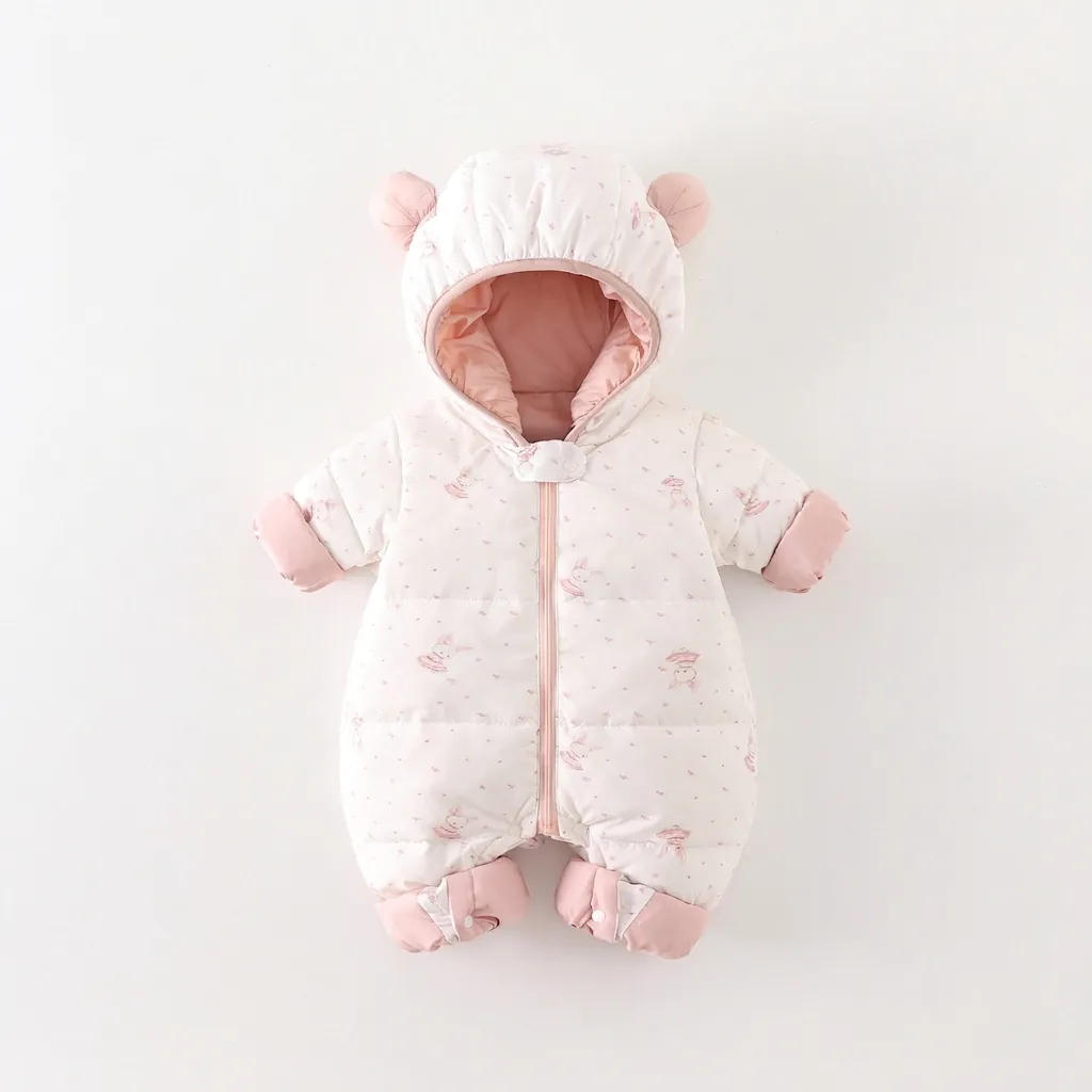 Baby Girl Winter Hooded Down Romper Cute Rabbit Print Thickened Snowsuit White Duck Down Jumpsuit Infant Warm Outing Clothes