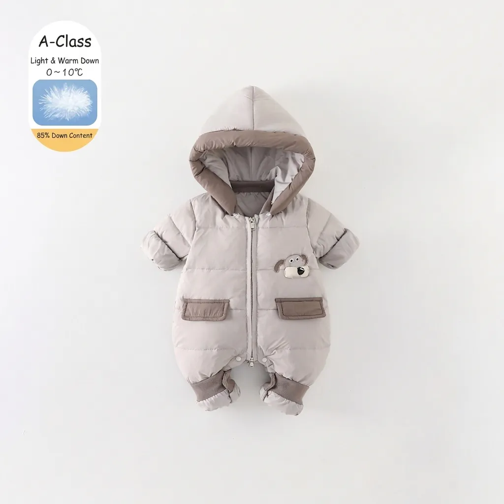Baby Boy Winter Down Jumpsuit Hooded Thickened Warm White Duck Down Romper Outdoor Snowsuit Cartoon Dog Patch Snow Wear