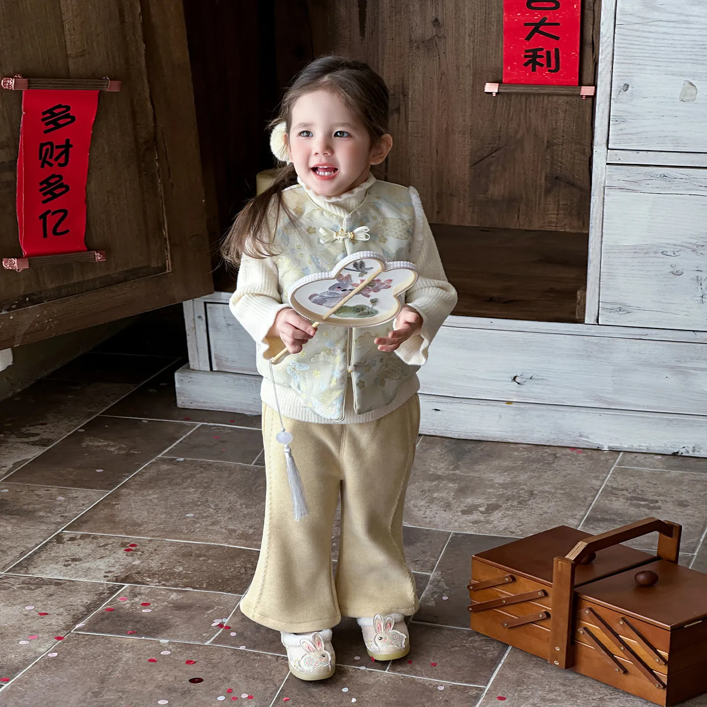 Baby Girls Chinese Style New Year Clothes Set Thickened Warm Floral Printed Majia Vest And Pants Winter Festive Outfit