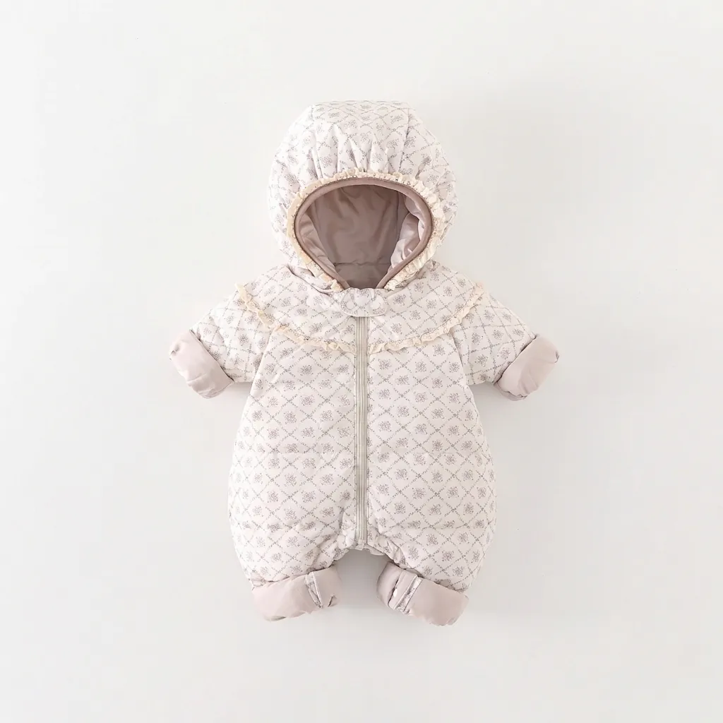 Baby Girls Winter Hooded Down Romper Floral Quilted Snowsuit White Duck Down Warm Outdoor Jumpsuit For Infant Toddlers