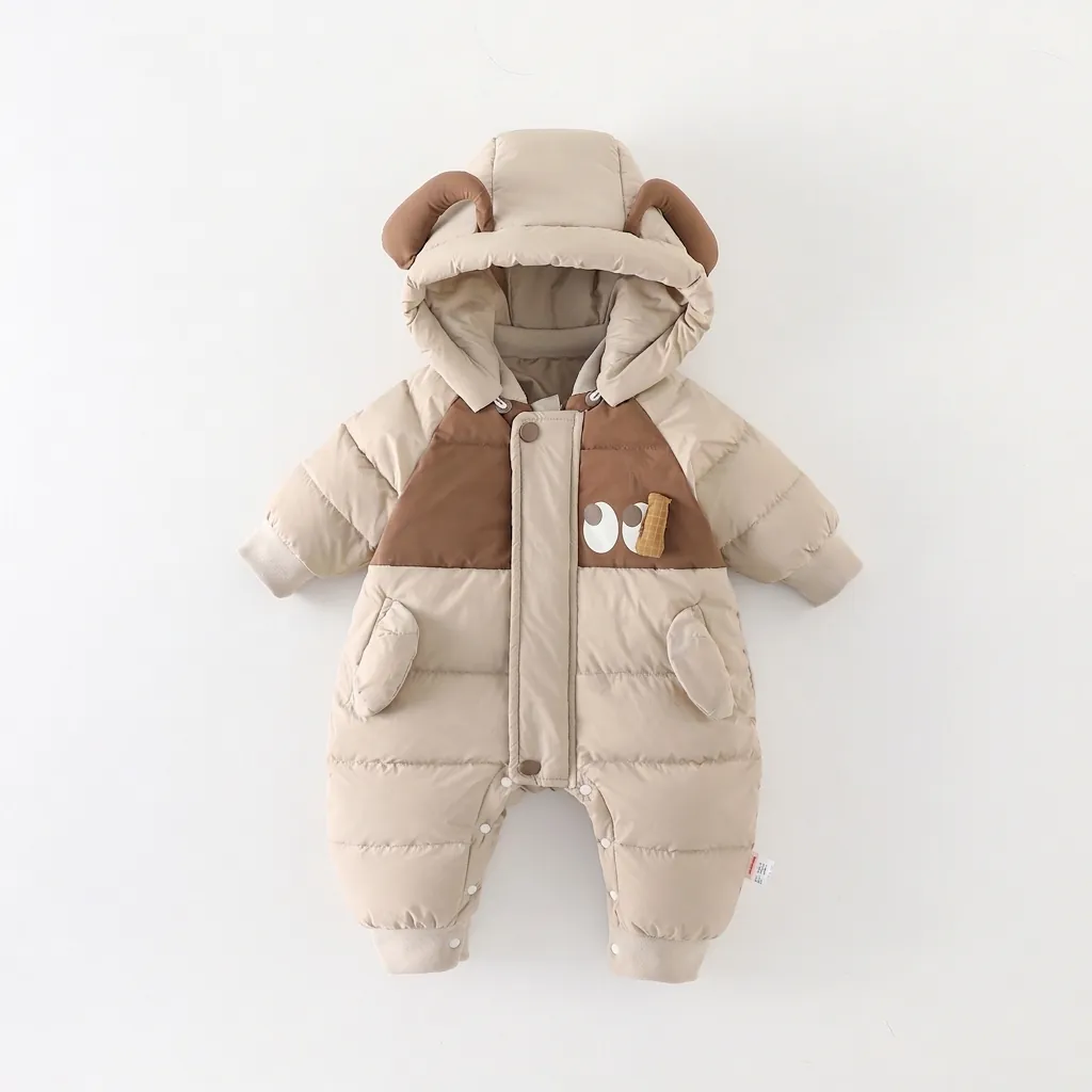 Baby Winter Down Jumpsuit Thickened Quilted Romper Hooded Ears White Duck Down Polyester Warm Infant Snowsuit Outfit