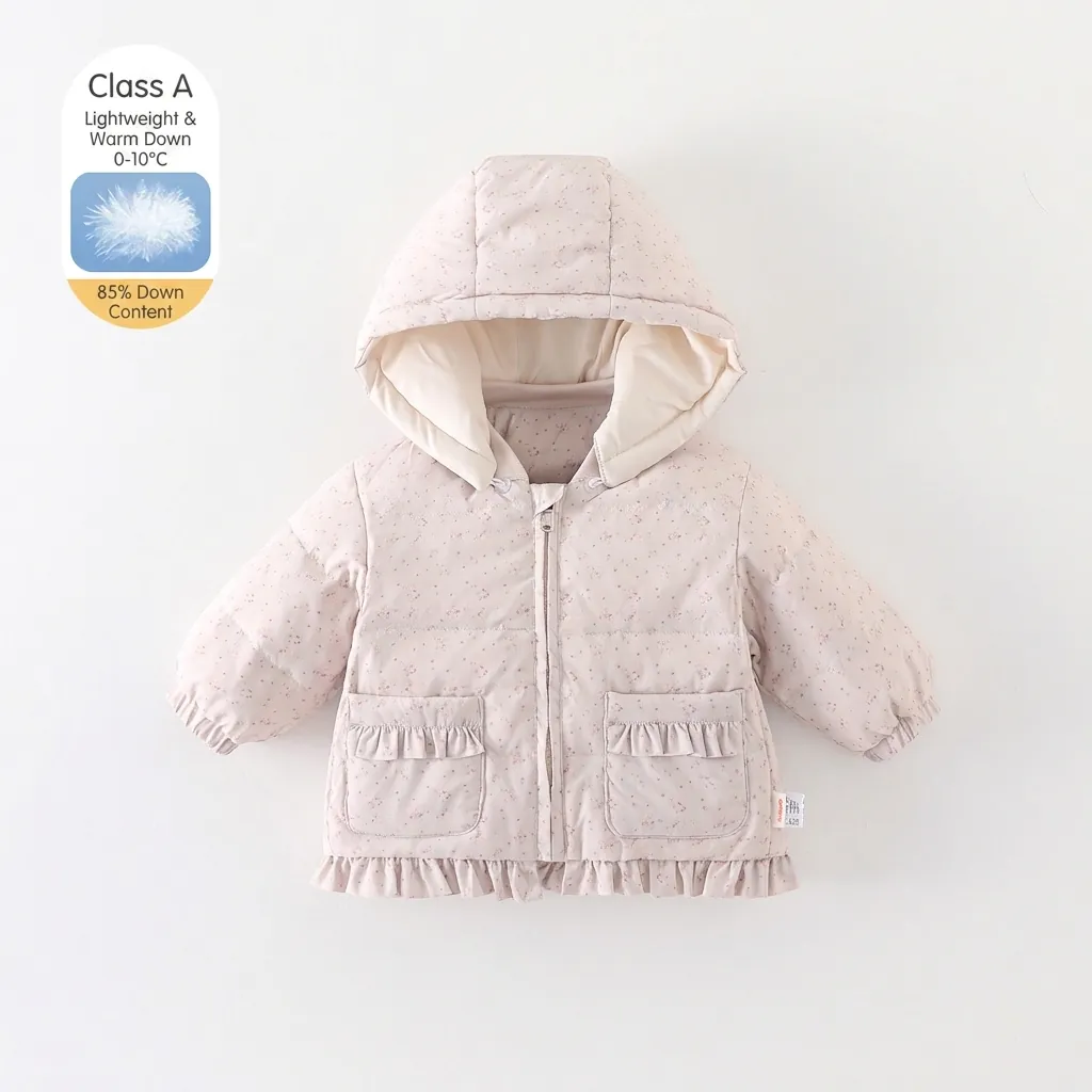 Baby Girls Floral Down Jacket Hooded Winter Warm Thickened Mid-length White Duck Down Coat With Ruffles For Infant Toddler