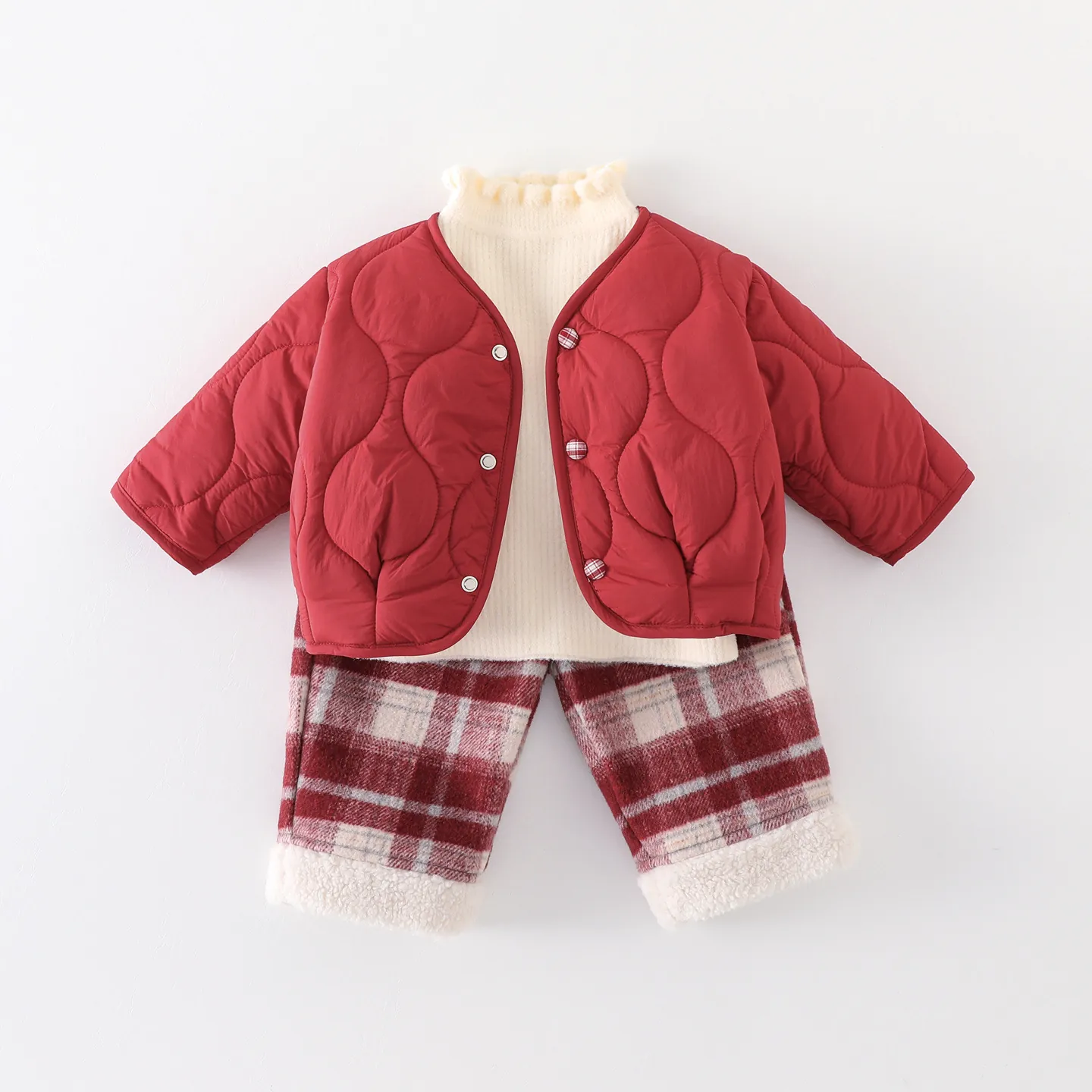 Baby Girls Winter Quilted Jacket Plaid Pants White Knit Sweater Festive New Year Thickened Warm Clothing Outfit
