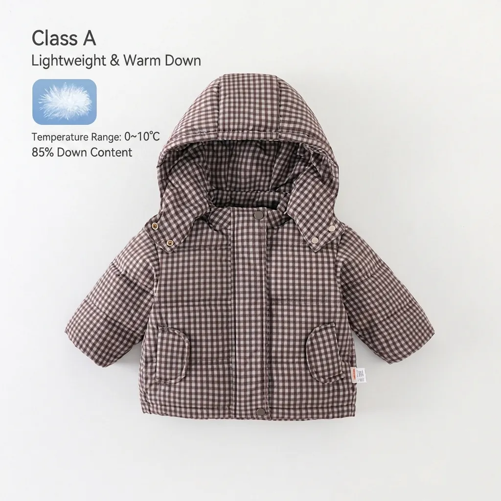 Baby Winter Gingham Hooded Down Jacket Warm Thickened White Duck Down Coat For Toddler Boys Girls A-Grade Safety Winter Outwear
