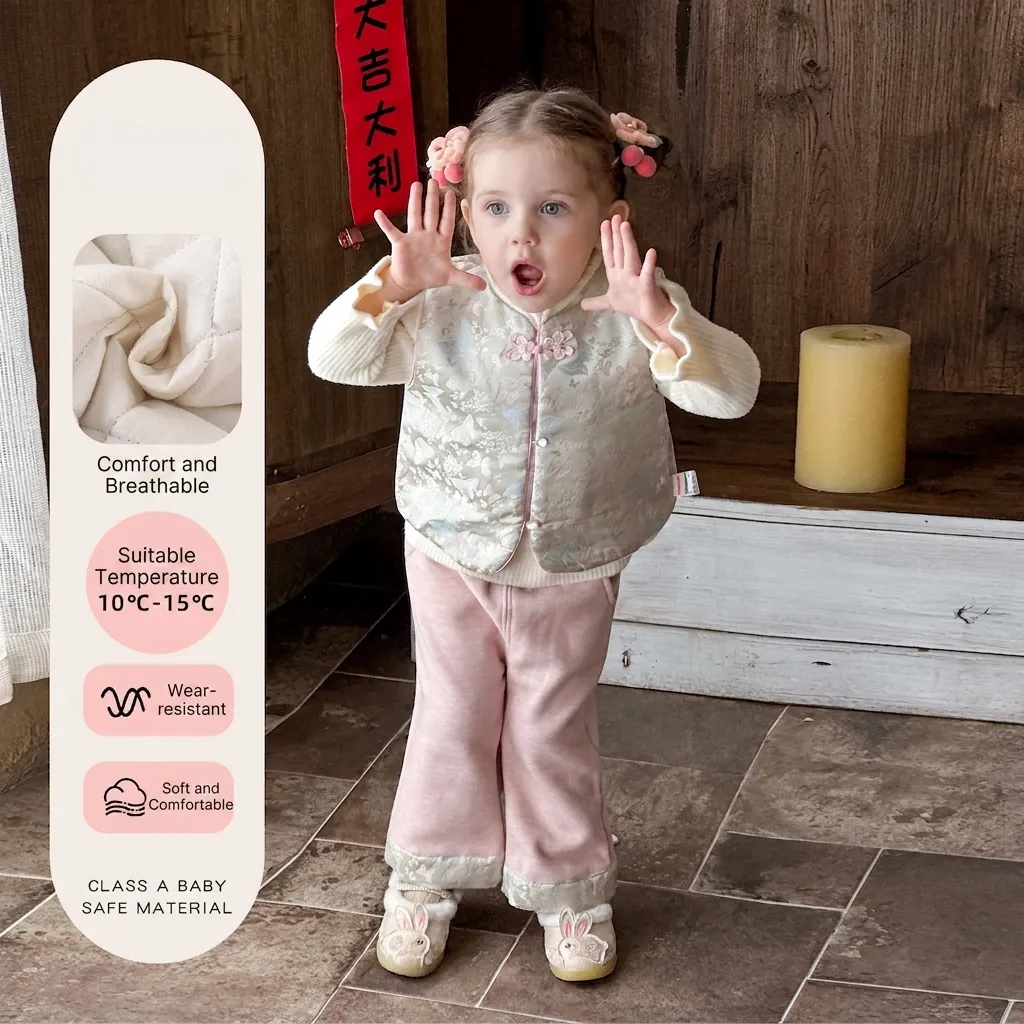 Baby Girls Chinese Style Winter Thickened Vest Shirt And Pants Set Traditional Floral Butterfly Print Warm Outfit