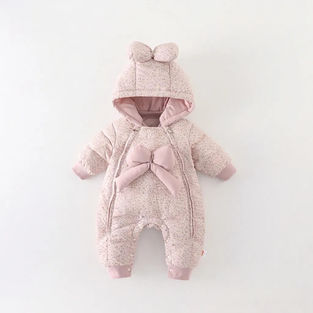 Baby Girl Winter Floral Down Romper Hooded Jumpsuit With Bow Warm White Duck Down Thickened Padded Snowsuit For Infants