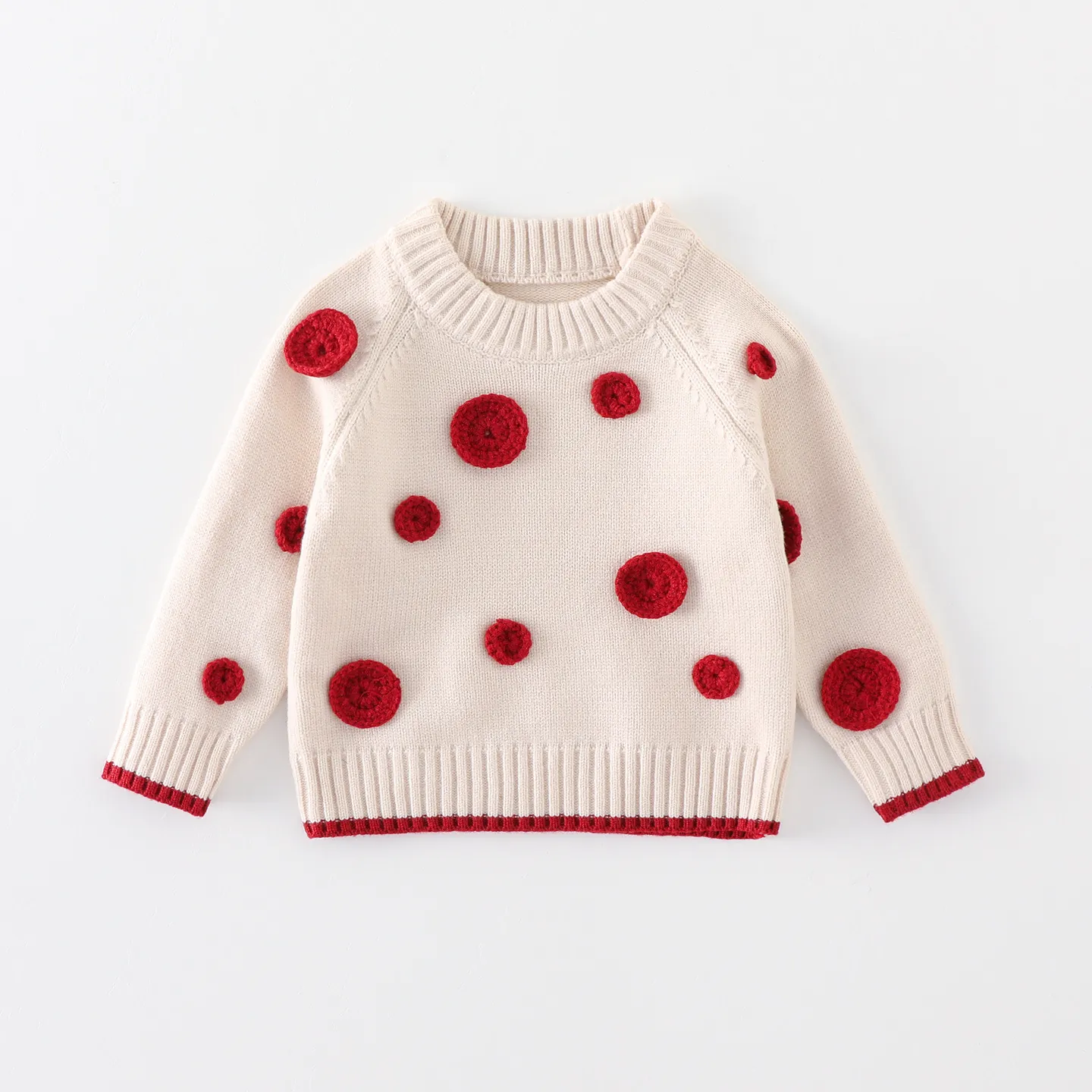 Baby Girls Thickened Knit Sweater Winter Warm Off-White Pullover With Red 3D Crochet Polka Dots Round Neck Long Sleeve Top