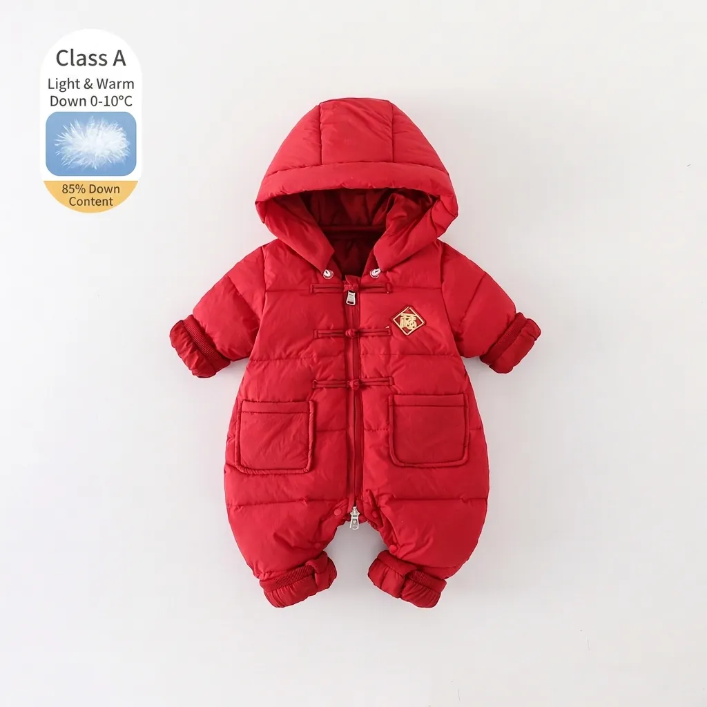 Combinaison de Neige à Capuche d'Hiver pour Bébé Rembourrage en Duvet de Canard Blanc Barboteuse une Pièce Rouge Chaud