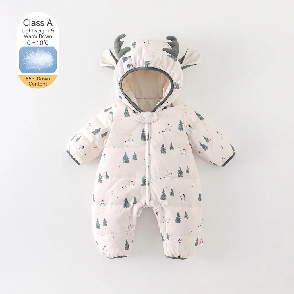 Infant Winter Down Romper Thickened Warm Hooded Snowsuit With 3D Antlers Deer Pattern For Baby Boys Girls Outerwear