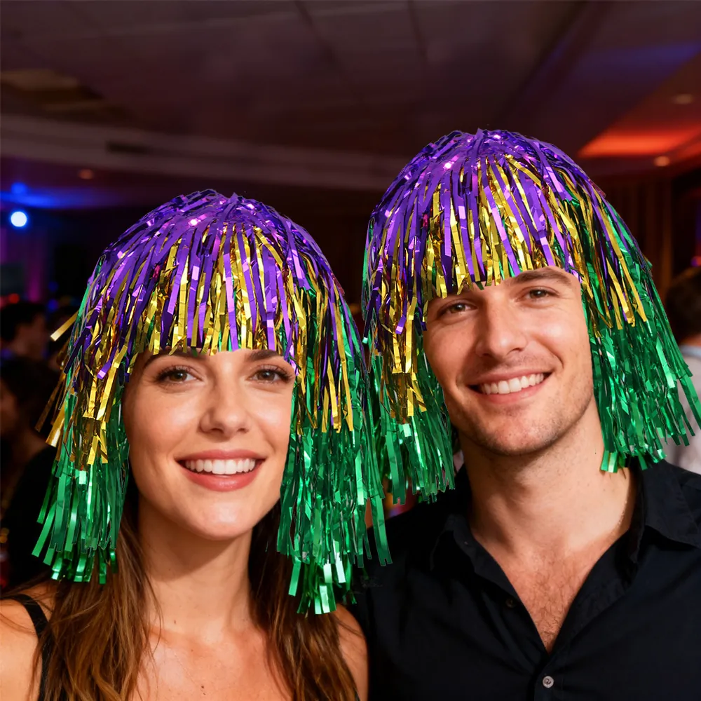 Mardi Gras Metallic Tinsel Wig Hat Purple Gold Green Fringe Bob Wig For Carnival Party Cosplay Dress Up Photo Props