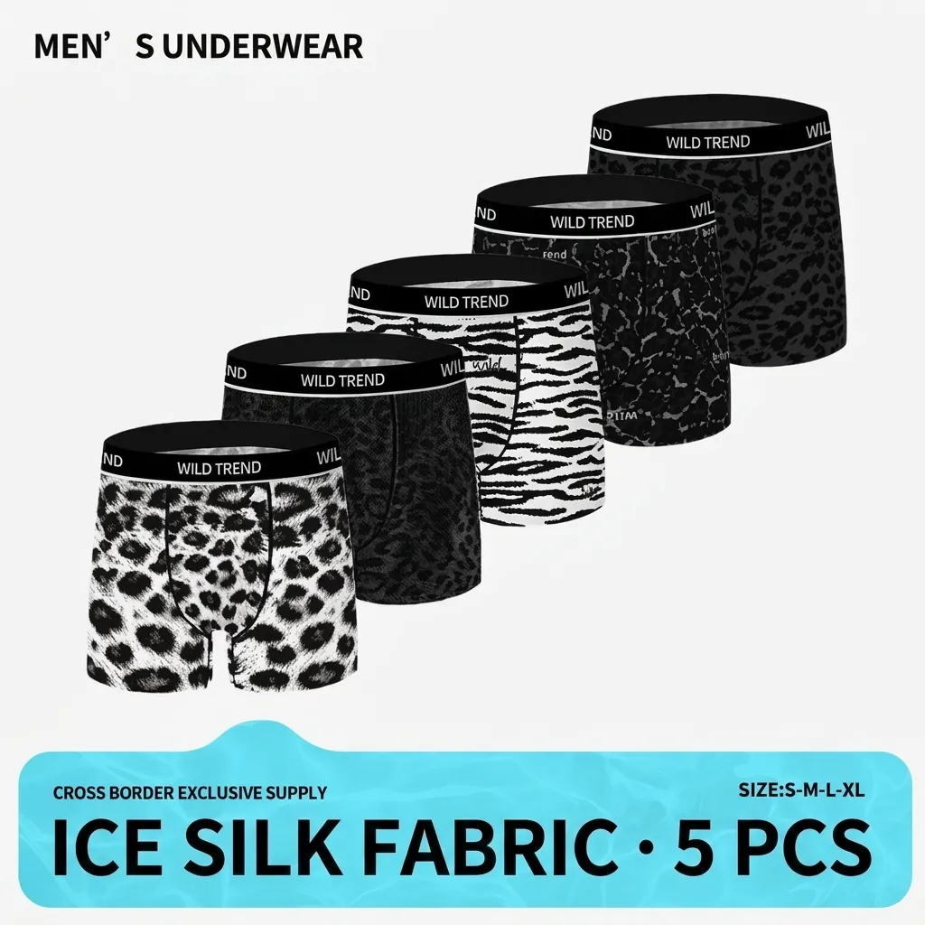 Boxers en Soie Glacée pour Hommes Respirant Imprimé Animal Léopard Sous-vêtements Sport Confortable Taille Moyenne Multicolore