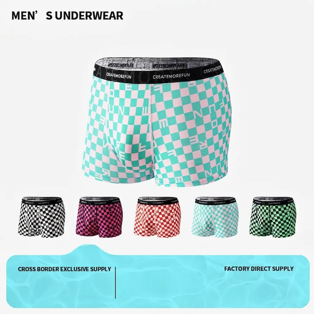 Boxers pour Hommes Respirant Taille Moyenne Mode Imprimé Damier Lettre Confortable Sous-vêtements en Polyester Extensible