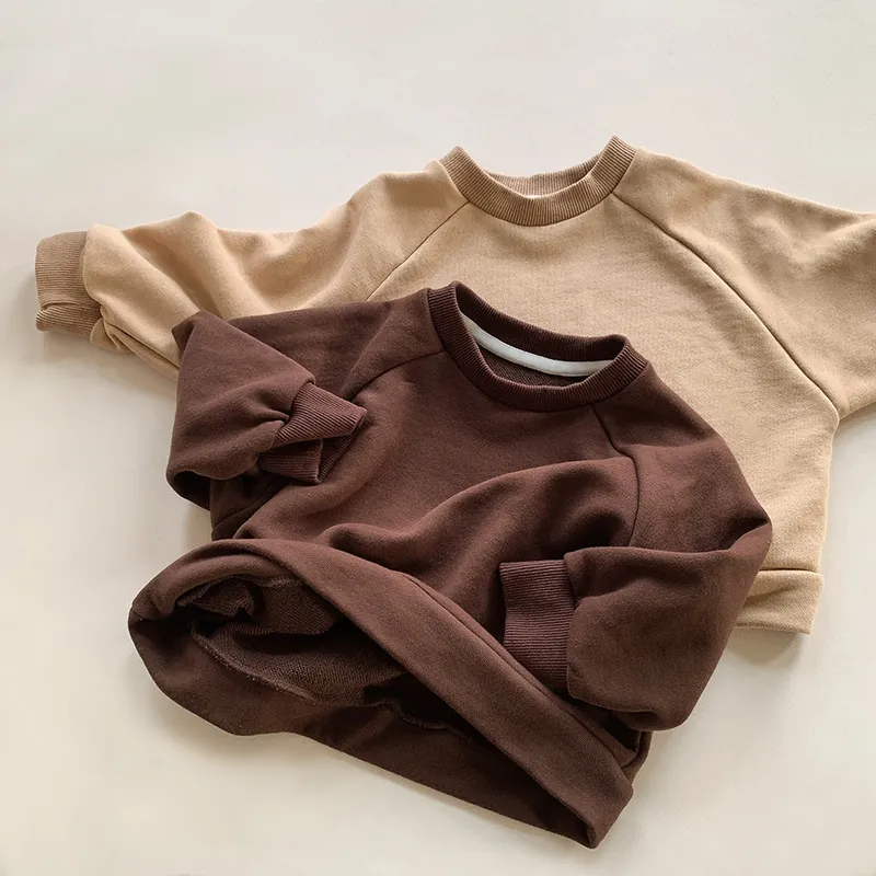 Kids Fleece Lined Sweatshirt Raglan Sleeve Round Neck Pullover Warm Cotton Top For Boys Girls Spring Autumn Solid Color Casual Korean Style