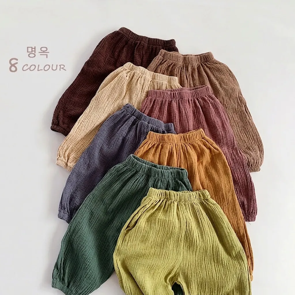 Kinder Retro Baumwolle Gaze Anti Mücke Hose Jungen Mädchen Koreanischen Stil Elastische Taille Falten Musselin Lange Hose Einfarbig
