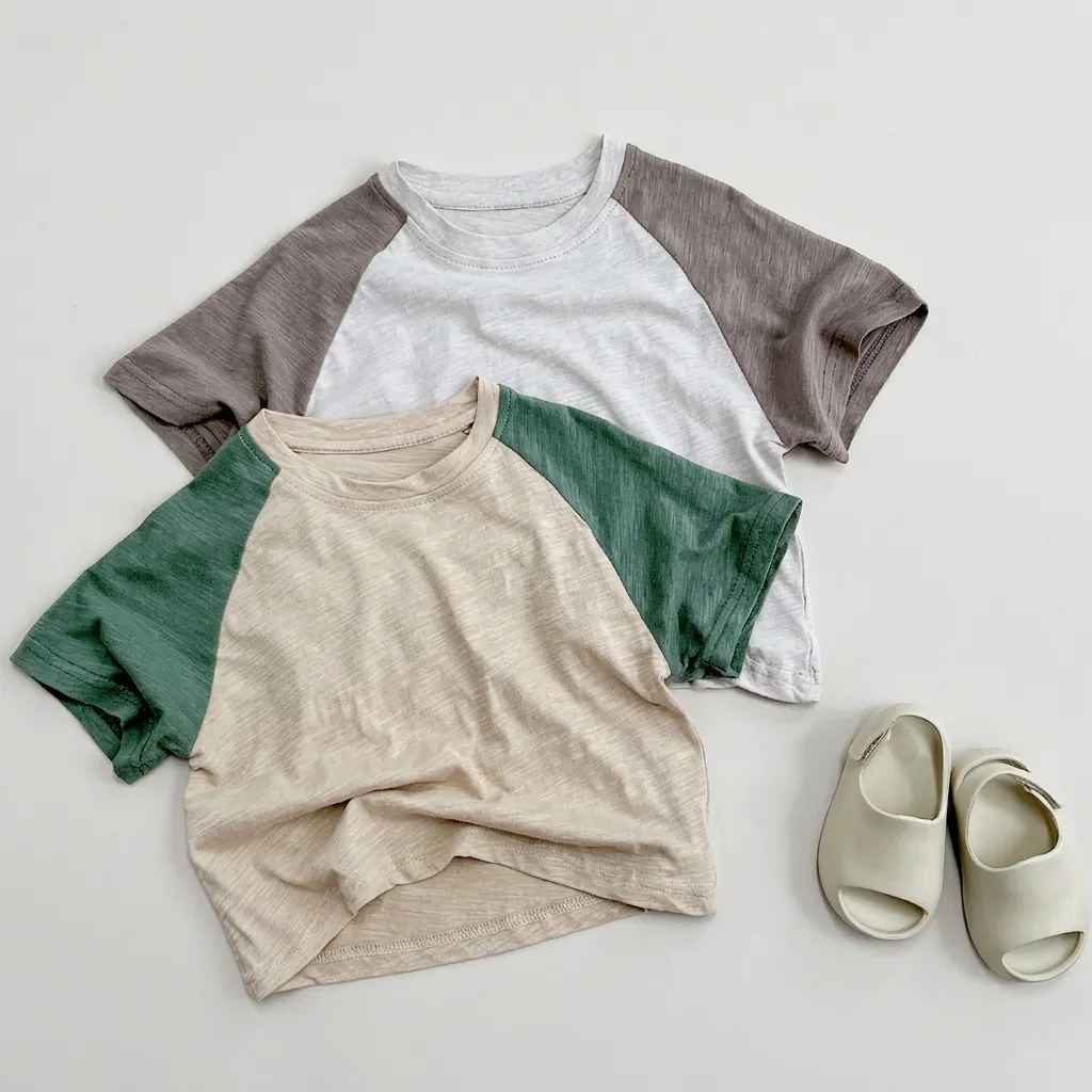 Children's Raglan Color Block T-Shirt 100% Cotton Short Sleeve Loose Casual Summer Top For Boys Girls Kids Korean Style