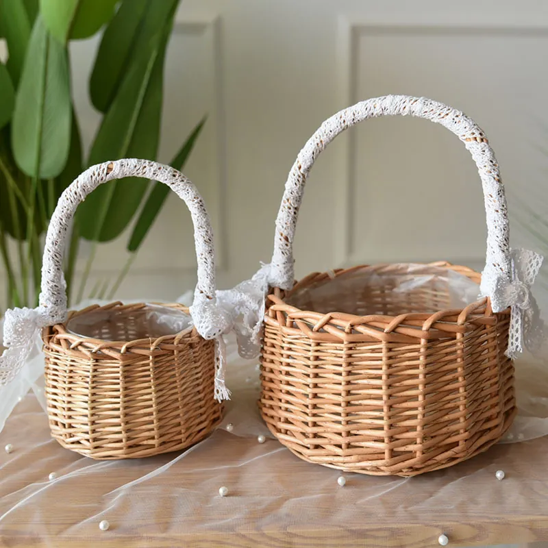 Handmade Woven Flower Basket Willow Wicker With Lace Bow Wedding Gift Basket For Flower Girl Party Rustic Home Decor
