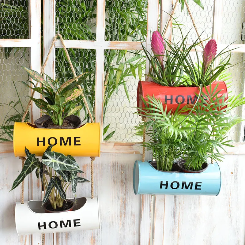 Nordic Wall Hanging Metal Flower Bucket Double Layer Hemp Rope Iron Art Decorative Planter Home Garden Wall Hanging Decor