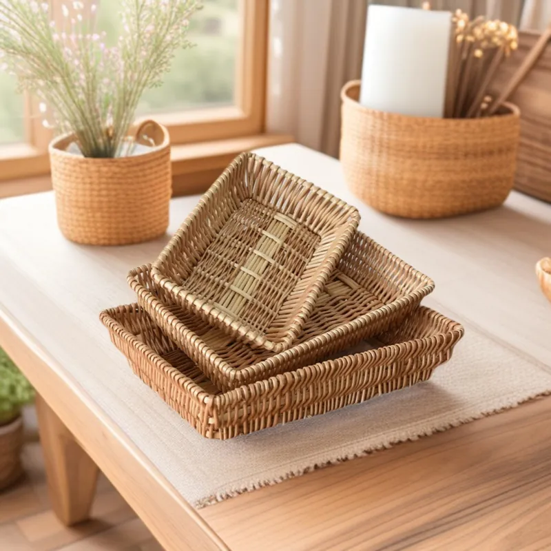 Handmade Natural Wicker Storage Basket Rectangle Willow Woven Fruit Bread Tray Organizer For Kitchen Living Room Home Decor