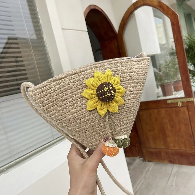 Women Handwoven Cotton Sunflower Straw Shoulder Bag Summer Beach Vacation Crossbody Bag With Zipper Closure Bucket Bag