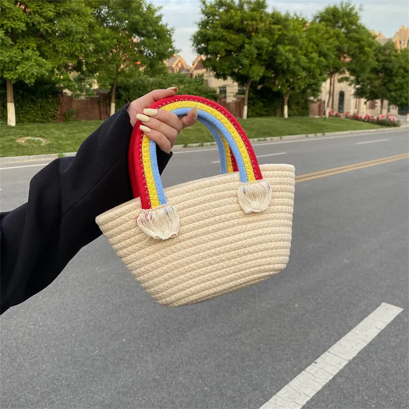 Cute Rainbow Handled Straw Woven Handbag For Women Handmade Cotton Thread Tassel Tote Bag Summer Beach Vacation Casual Small Purse