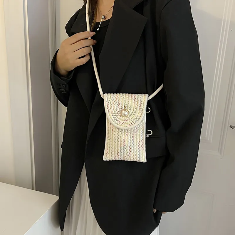 Women Mini Straw Woven Phone Bag Sweet Artificial Pearl Decor Rainbow Embroidery Crossbody Bag Small Handwoven Summer Beach Bag