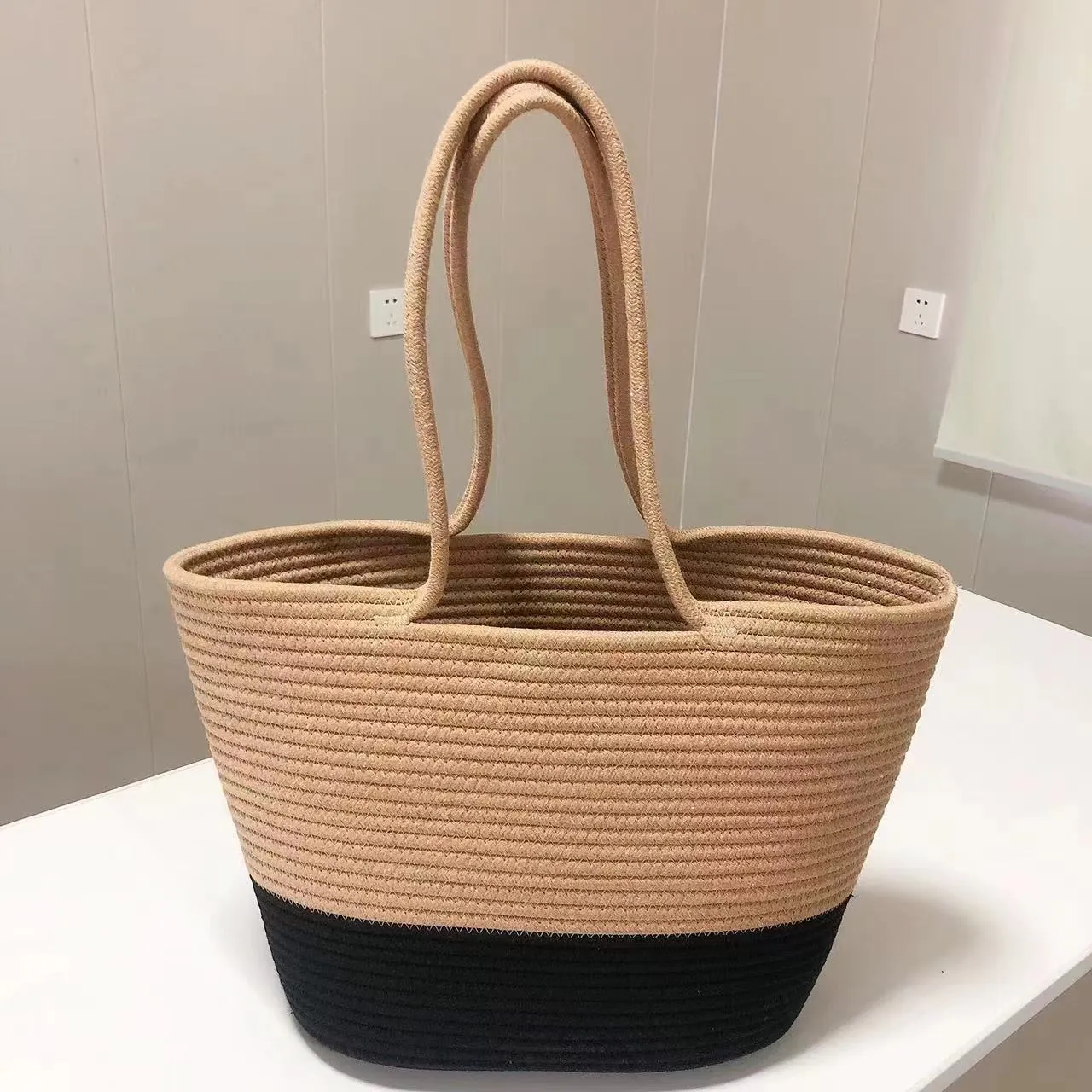 Sac Cabas en Corde de Coton Tissé à la Main Bloc de Couleur Grande Capacité Sac à Bandoulière Femme Plage Été Vacances