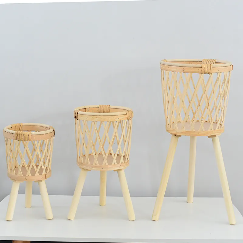 Nordic Style Rattan Woven Flower Pot Stand With Wooden Legs Natural Handmade Bamboo Plant Basket For Living Room Balcony Home Decor