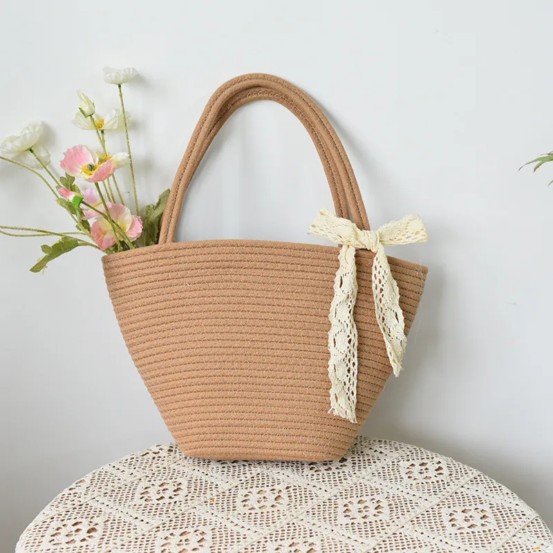 Vintage Cotton Rope Woven Straw Bag Large Capacity Tote Bag For Women Summer Vacation Beach Shoulder Bag With Ribbon Bow