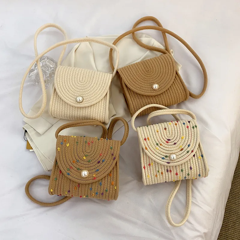 Borsa a Tracolla da Donna Estiva in Corda di Cotone Intrecciata a Mano Piccola Borsa a Spalla con Fibbia a Perla Artificial Stile Vacanza