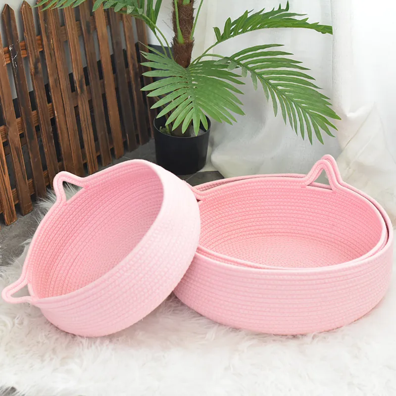 Cute Cat Ear Woven Cotton Rope Cat Bed Four Seasons Universal Breathable Pet Nest Small Medium Large Pet House For Indoor