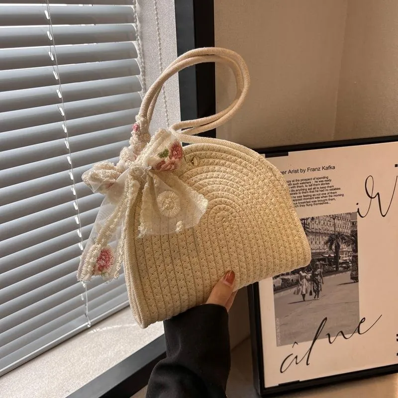 Handmade Cotton Rope Woven Underarm Bag For Women Lace Floral Bow Decor Half Moon Shoulder Bag Vacation Sweet Casual Handbag